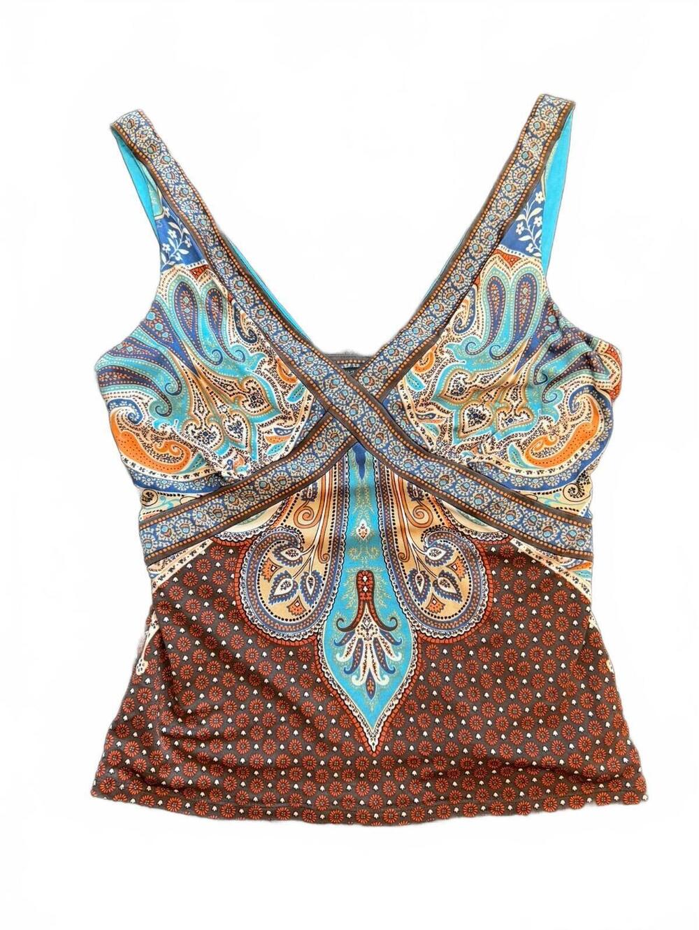 EUC Elie Tahari Vintage Y2K Paisley Crossover Tank Top Blue Brown S (see meas.)